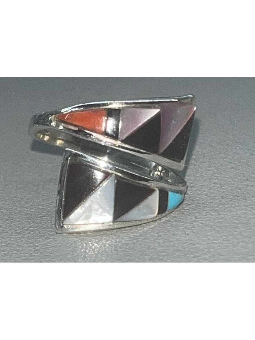 Zuni multi stone turquoise sterling silver inlay ring size 7/8 adjustable